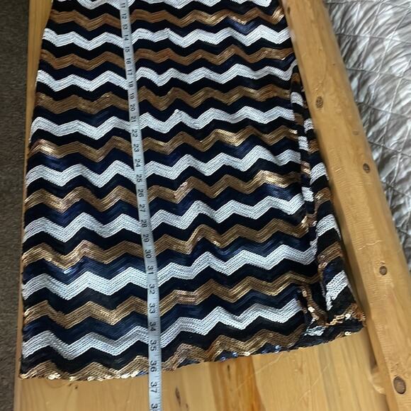 Francesca's Alya black/navy/gold/cream sequins bodycon dress women's L - Picture 12 of 13